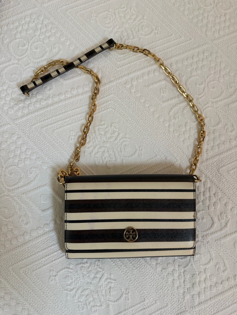 Tory Burch Black and White Striped Chain Crossbody